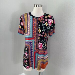 Johnny Was Womens Large Floral Geometric Print Short Sleeve Top Bamboo Blend